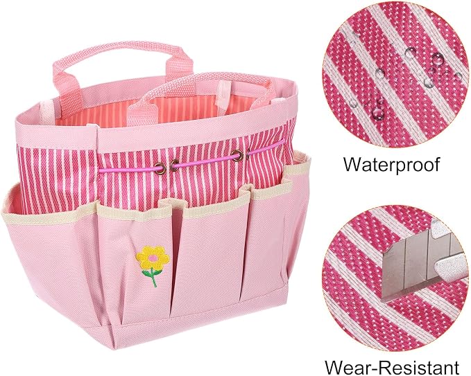 HARFINGTON 2pcs Garden Tool Bag 13.19" x 3.94" x 9.45" Large Oxford Tote Bag with Pockets Gardening Plant Tool Organizer Storage Carrier Store for Outdoor Women Men, Pink