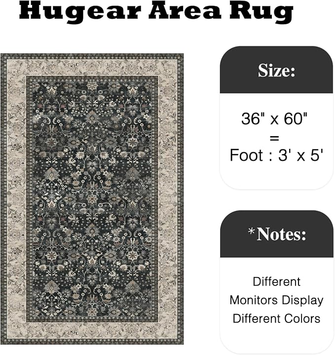 HUGEAR 3x5 Machine Washable Rugs Black Beige Hallway Area Rug Indoor Accent Rug Floral Low Pile Carpet Soft Throw Rug Bedroom Living Room Office Dining Room Kitchen Laundry Room Non Slip
