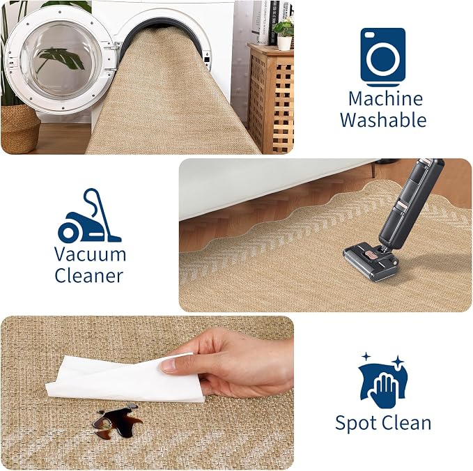 Garvee Large Area Rug 10x13 Rugs Easy Jute Washable Rug, Beige | Scalloped Area Rug Stain Resistant Easy Cleaning Throw Rugs Low Pile Floor Cover for Nursery Dining Room Apartment