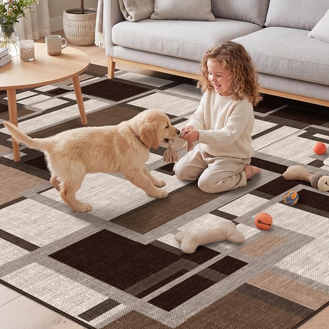 Pionblank Modern Geometric Area Rugs for Bedroom, Coffee Brown 4x6 Rug | Mocha Brown Chocolate Patchwork Carpet for Living Room Dining Room Office | Soft Low-Pile Floor Rug | Abstract| Non-Slip