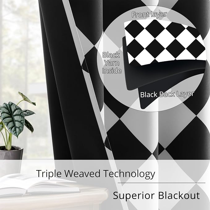 Black and White Diamond Pattern Blackout Curtains for Living Room, Modern Geometric Window Drapes, 100% Light Blocking Curtains for Bedroom, Grommet Top 52 x 84 Inches, 2 Panels