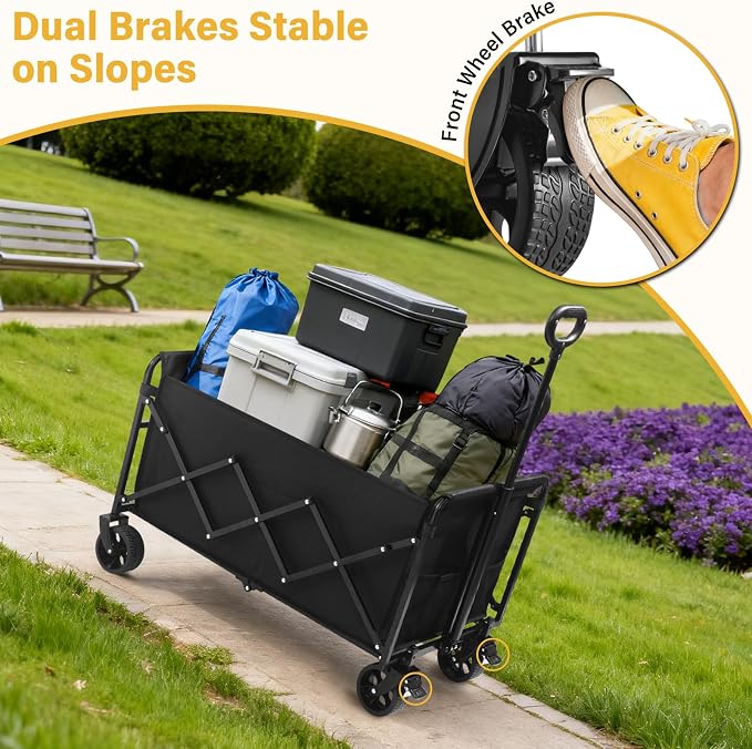 Collapsible Wagons Carts Foldable Wagon, 500LBS Collapsible Wagon Cart Foldable with Wheels & Brakes, Large Heavy Duty Folding Wagon Cart Utility for Camping, Picnic, Beach, Grocery, Sport, Shopping