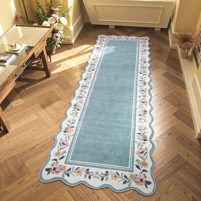 Lahome Floral Blue 2x6 Runner Rug for Hallway, Scalloped Kitchen Rug | Washable Rug Runner Non Slip, Ultra-Thin Stain Resistant Boho Carpet Runner for Laundry Bathroom Bedroom Ariele