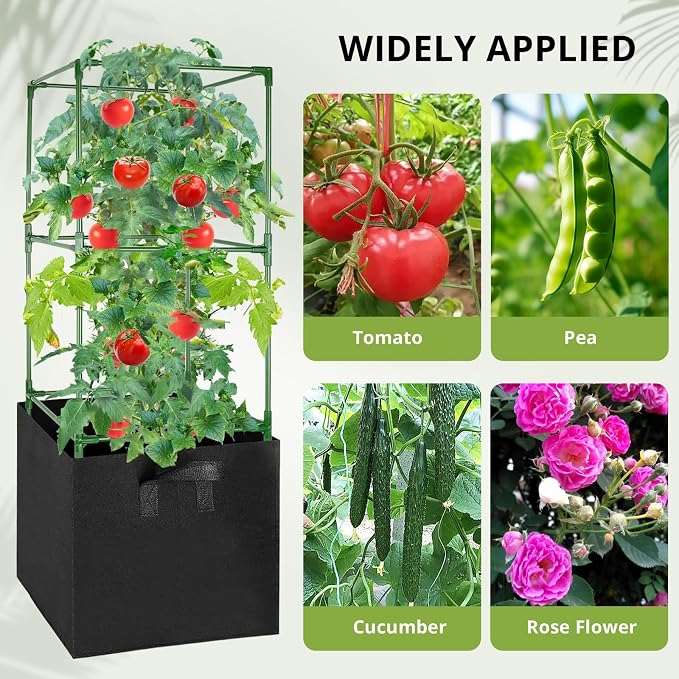 6 Pack Tomato Cages with 17 Gallon Grow Bags, 47” Heavy Duty Square Tomato Plant Stakes Support Cages Trellis for Garden Climbing Vegetables Flowers Fruits (47IN Tall, Extra-Bold)