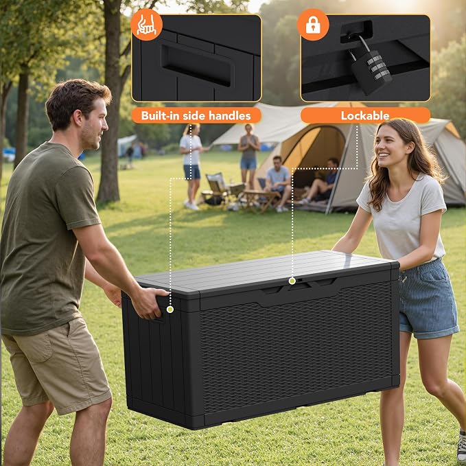 105 Gallon Deck Box Outdoor Indoor Waterproof Storage Box for Patio Furniture, Pool Accessories, Garden Tools, and Cushion Storage, Black