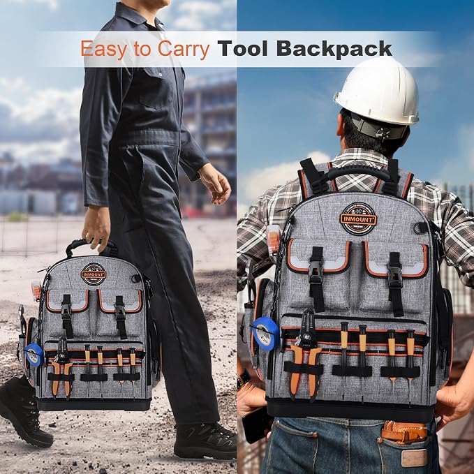 Tool Backpack Heavy Duty – LOKASS Tool Backpack with Molded Base, 1680D Tool Organizer with Laptop Compartment & Combination Lock, Water-Resistant Electrician & HVAC Tool Bag, Stands Upright