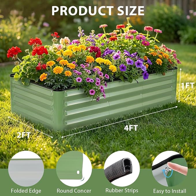2 Pack 4x2x1 Ft Galvanized Raised Garden Bed, Green | Patented Leak-Proof, Metal Planter Box, Outdoor Kits, For Veggies, Herbs & Flowers