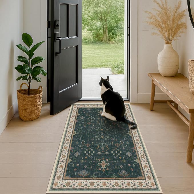 Dark Green Oushak 3x6 Kitchen Rug - Modern Vintage Boho Floral Moody, Washable Low Pile Non-Slip Area Rugs for Large Entryway, Door Mat Indoor Entrance, Kitchen, Bedroom Beside Bed
