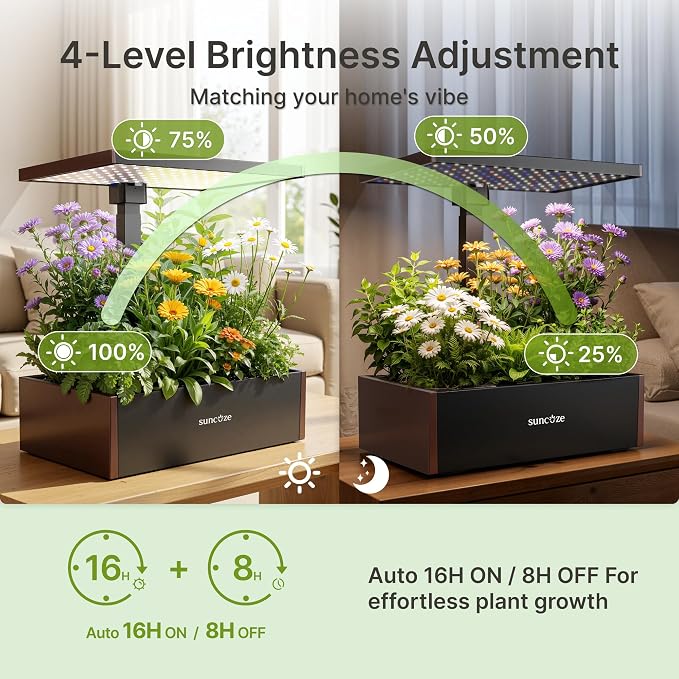 SUNCOZE Hydroponics Growing System 20 Pods, 25" Adjustable Height, 10L Tank | Indoor Garden with 30W Dimmable LED Grow Light, Water & Nutrient Reminder, Quiet Circulation Pump, Black&Brown