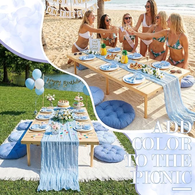Beeveer 91 x 71'' Extra Large Outdoor Picnic Blanket with Blue Picnics Table Runner 6 Napkins and 6 Blue Floor Pillows Cushions for Picnic Party Camping Wedding Bachelorette Birthday Baby Shower Decor