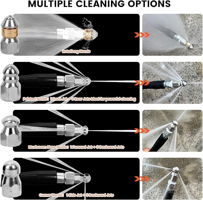 70FT Pressure Washer Sewer Jetter Kit, 5800 PSI Water Jet Drain Cleaner Hose with Corner Rotating Button Nose Nozzle, 1/4 Inch NPT, Sewer Jetter Nozzles Kit with Spanner Handle Strap