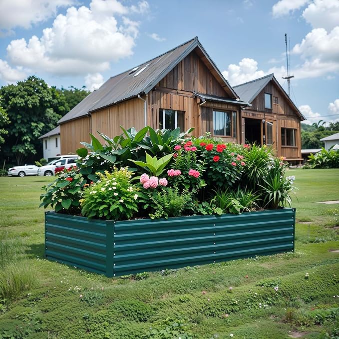 Raised Garden Bed 8×4×1.5FT, Galvanized Raised Garden Beds Outdoor for Vegetables Flowers Herbs, Steel Large Deep Root Planter Box, Tall Raised Garden Bed Kit with 3ftx30ft Weed Barrier Fabric, Green