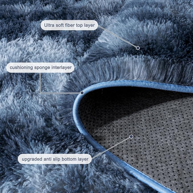Rugs for Bedroom, Ultra Fluffy Fuzzy Shag 5x7 Area Rug for Living Room, Modern Plush Soft Upgrade Non-Slip Carpet for Kids Girls and Boys, Dorms, Nursery, Home Decor, Tie-Dyed Blue Grey