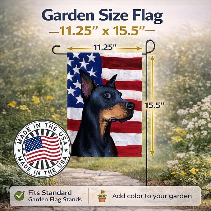 Caroline's Treasures CK6504GF Doberman Pinscher Dog American Flag Garden Flag Mailbox Flag Decorative Yard Flag Banner Outside Patio Artwork Yard Flower Beds, Garden Size, Multicolor
