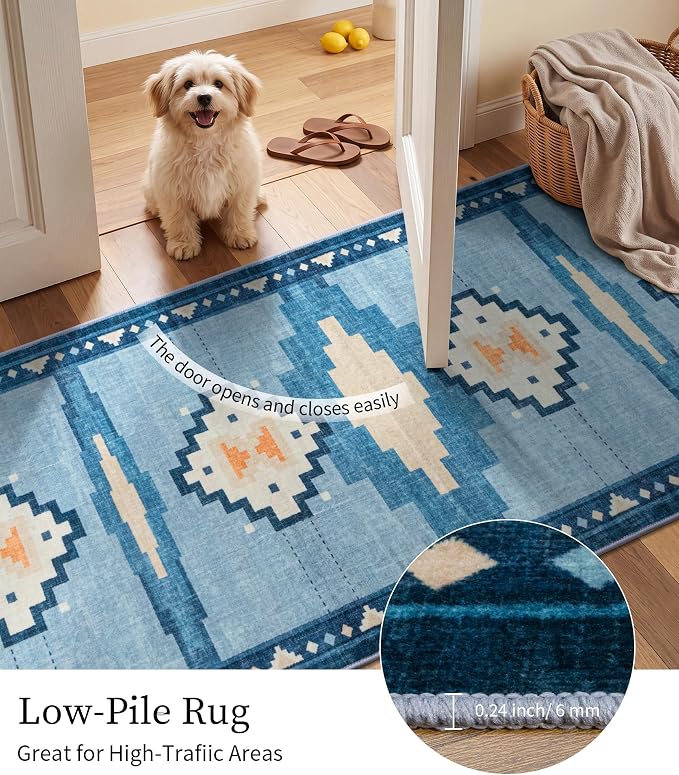 YIHOUSE 2'x6' Washable Hallway Runner Rug, Blue Aztec Coastal Runner Rug | Non-Slip, Low Pile, Soft, Mid Century Modern Geometric Design, for Entryway Kitchen Bedroom