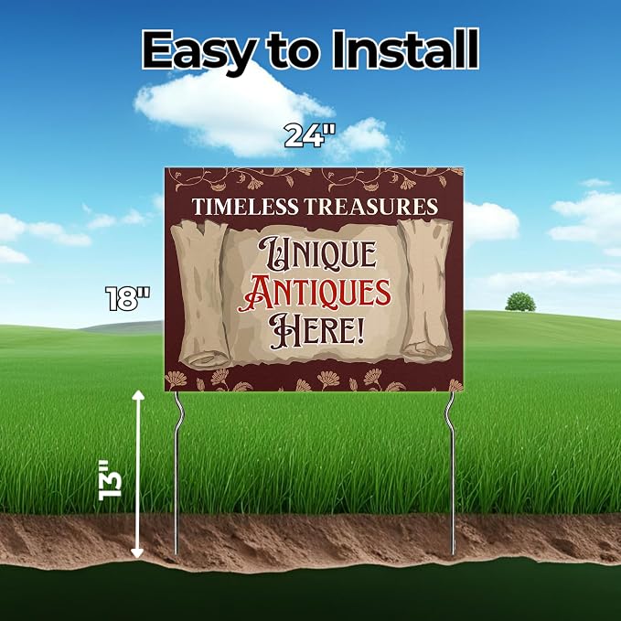 Timeless Treasures - Unique Antiques Here! Yard Sign by DC | 24"x18" Double Sided Conv. Store Garden Sign with 13” Metal Stakes | Outdoor Signs Waterproof for Lawn, Patio, Sidewalk & House | Set of 3
