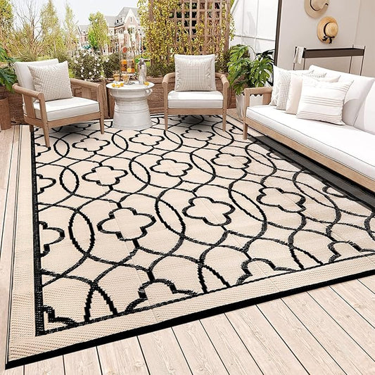 Pendolr Reversible Mats - Outdoor Rugs 9'x12' for Patios Clearance, Plastic Straw Rugs Waterproof, Portable, Outdoor RV Camping Rug, Garden, Balcony, Picnic, Beach, Camping(Black & Beige)