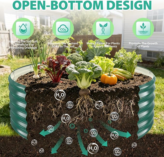 YSEJOMP 17" Tall Round Outdoor Garden Raised Garden Bed Kits-0.8MM Thick Metal Raised Planter Bed/Ground Planter Box for Variety of Flowers,Herbs,Vegetables,Trees (Dark Green, 48 Dia X 16.5inches)
