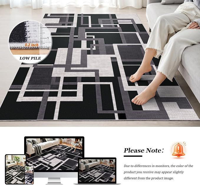 Modern Geometric 6x9 Area Rugs for Living Room, Charcoal Black Washable Rug | Abstract Patchwork Blocks Non-Slip Indoor Carpet for Bedroom Dining Room Office | Black White Grey Soft Low-Pile Large Rug