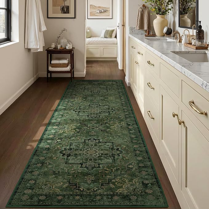 Retro Green 3x8 Rug Runners for Entryway Non Slip, Distressed Medallion Carpet Runners for Hallway 8ft, Low Pile Thin Runner Rug Non Slip Washable for Kitchen/Foyer/Mudroom/Bedroom
