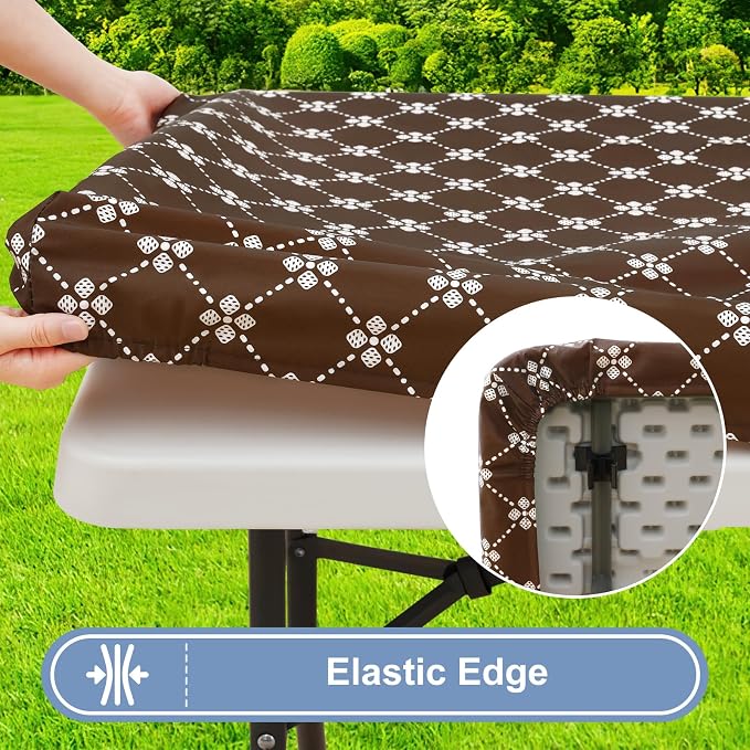 misaya Rectangle Vinyl Table Cloth, Elastic Fitted Tablecloth with Flannel Backing, Waterproof Plastic Table Cover Fits 8 Foot Folding Tables for Picnic, Camping and Outdoor (Coffee, 30" x 96")