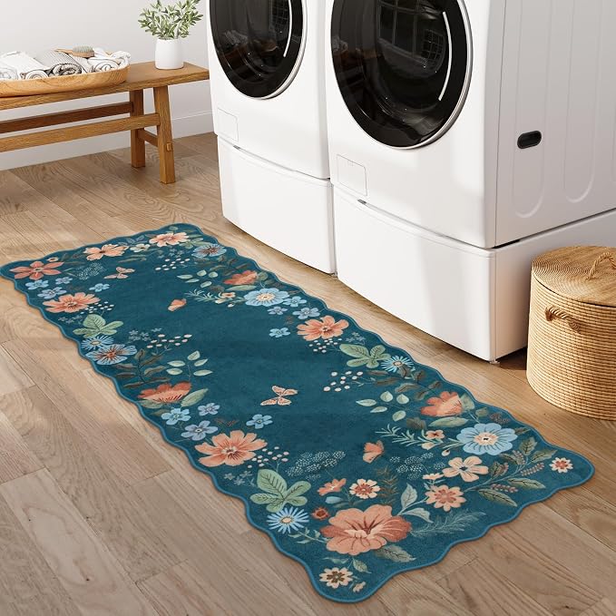 Lahome Floral Washable Runners for Hallways, 2x5 Soft Kitchen Runner Rug | Ultra-Thin Non-Slip Stain Resistant Boho Low-Pile Carpet Runner for Bathroom Bedroom Flore (2x5ft, Navy Blue)