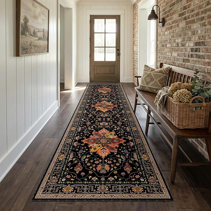 RELEANY Washable Area Rug, Runner 2'x8', Black/Colorful | Non-Slip, Water Repellent, Pet Friendly, Easy to Clean, Vintage Floral Boho Decor for Kitchen Hallway Bedroom Laundry