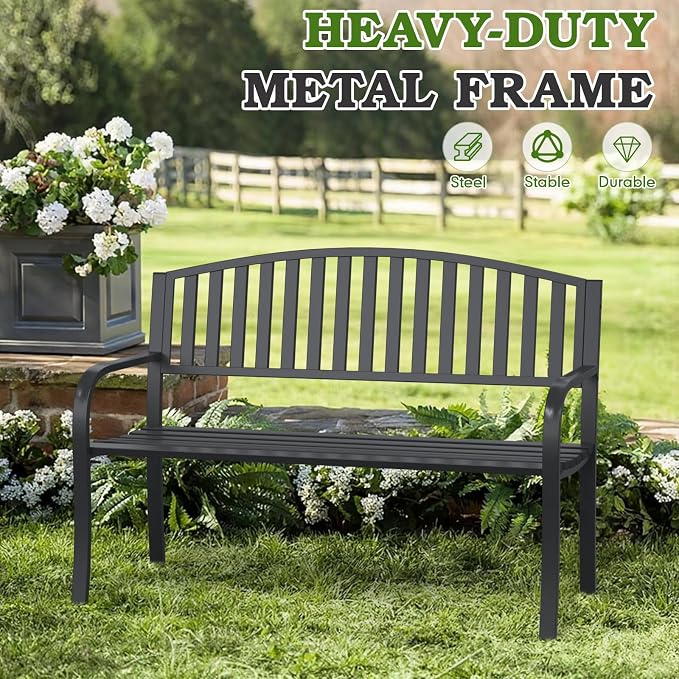 50" Outdoor Garden Bench, Iron Metal Frame Patio Bench with Backrest and Armrests, Weatherproof Anti-Rust Outdoor Bench for Front Porch, Park, Yard, Patio (402-32BK)