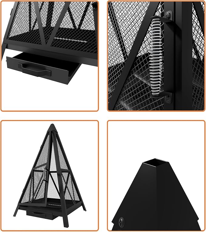 Kingson Pyramid Fire Pit, Heavy-Duty Steel Smokeless Wood Burning Fire Bowl for Outdoor Patio Garden Backyard, Bohemian & Meditation Decor