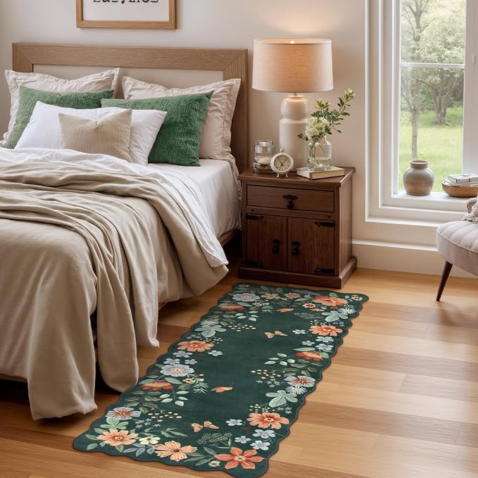 Lahome Floral Small Rug, 2x4 Kitchen Rugs Non Slip Washable Rug Ultra-Thin | Soft Front Door Mat Indoor Entrance Boho Low-Pile Entry Carpet for Bathroom Bedroom Flore (2x4ft, Dark Green)