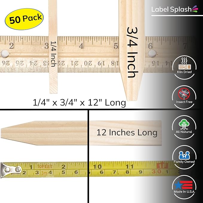 50 Pack Wooden Garden Stakes, 12" Long x 3/4" Wide, Made in USA Pine Plant Markers, Chisel Point Yard Stakes for Gardening, Row Labels, Signs & Crafts