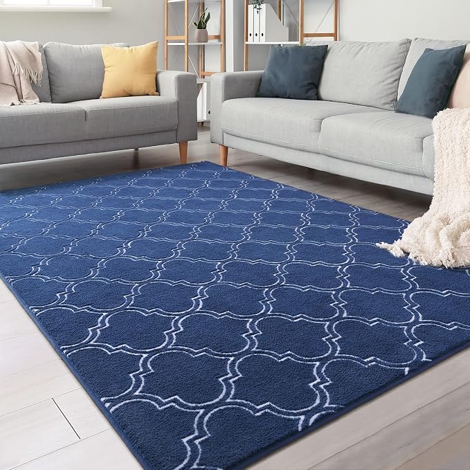 Chicrug 4x6 Shag Geometric Modern Area Rug for Bedroom Living Room | Memory Foam Indoor Carpet, Fluffy Rug for Bedside Room for Family Girls Kids Play Mat, Navy and White