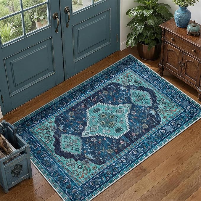 Tangsoo Oriental 2x3 Washable Rugs for Entryway, Non Slip Small Area Rug | Teal Vintage Indoor Front Door Rug, Boho Print Door Mat Carpet, Soft Low Pile Throw Rugs for Entrance Entry Kitchen Bedroom