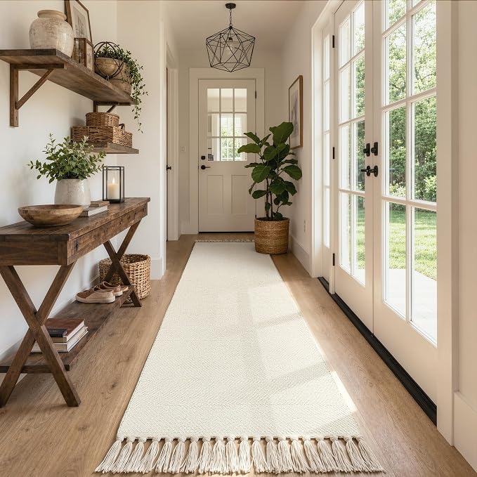 Rug Runners for Hallways, Boho Washable Kitchen Rugs | 2.6' x 10' Farmhouse Indoor Entry Hall Carpet, White Modern Hand Woven Bathroom Runner Rug for Bedroom Entrance Porch Decor