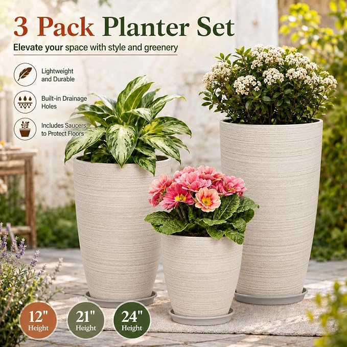 Neoaider Set of 3 Tall Planter, 24/21/12in Large Plastic Planter, OatColor | Ceramic-Look, Lightweight, Built-in Drain Hole, Saucers, Tall Outdoor Planter for Porch, Garden, Patio, Balcony