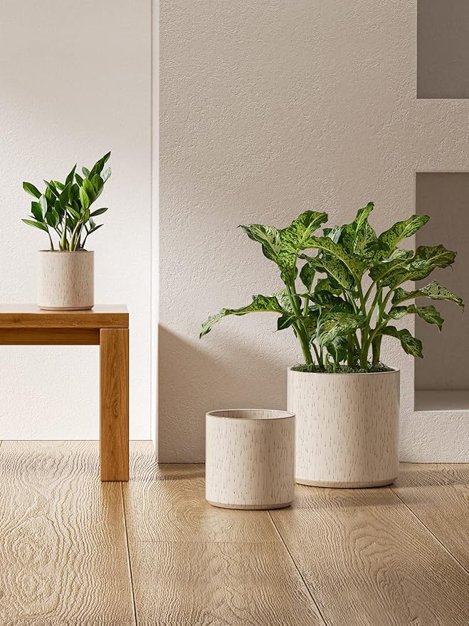 LE TAUCI 10+8+6 Inch Ceramic Pots for Plants, Indoor Planters with Drainage Hole and Plug, Modern Cylinder Flower Pots Set of 3 for Living Room and Bedroom, Glossy, Linen Birch