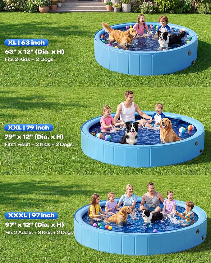 Raxurt 63" Kiddie Pool with Sprinkler, Foldable Dog Pool for Large Dogs, Non-Slip Splash Pool for Kids, Portable Pet Bathing Tub for Backyard Summer Water Play
