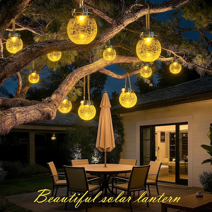 DBF Solar Lanterns Outdoor Waterproof, 4 Pack Hanging Solar Lights Outdoor Garden Decor, Amber Warm & RGB LED Globe Cracked Glass Ball Lantern for Yard Tree Fence Patio Porch Events Deck Pathway