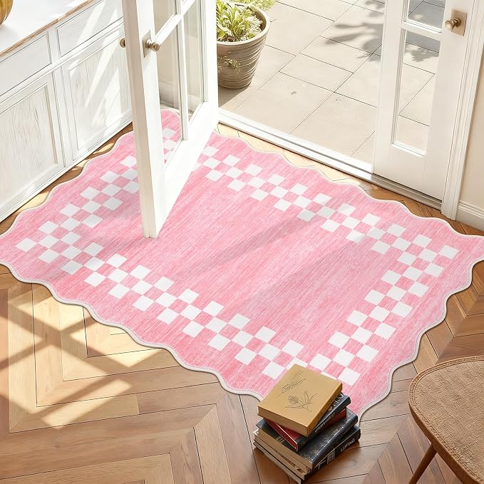 GarveeHome Small Washable Scallopd Area Rug 2x3 Modern Checkered Entry Rug | Solid Color Kitchen Bedroom Doormat Non Slip Stain Resistant Bordered Throw Carpet for Living Room Nursery Laundry, Pink