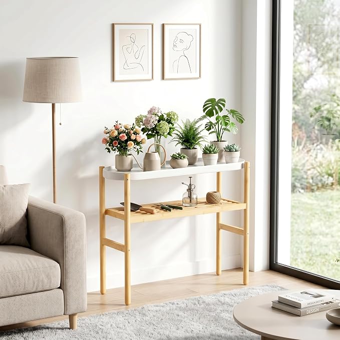 Wisuce Bamboo Shelf Indoor, 2 Tier Window Tall Stand Table for Multiple Plants…