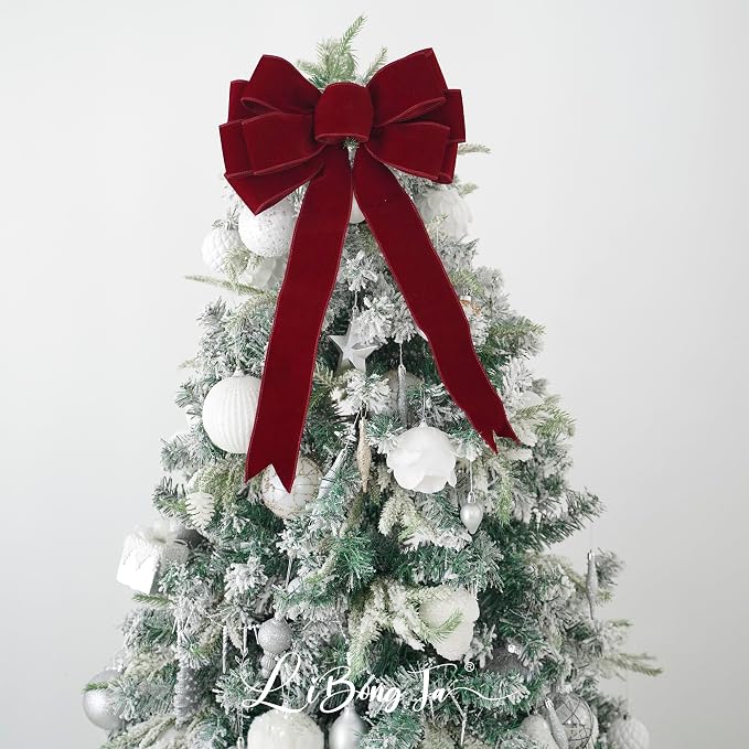 13" Red Bow Pre-Tied Bow for Christmas Tree, Red Velvet Ribbon Bow for Wreaths, Tree Toppers Bow, Premade Bow, Gift Bow for Party Favor, Christmas Home Indoor Outdoor Decor-1 Counts