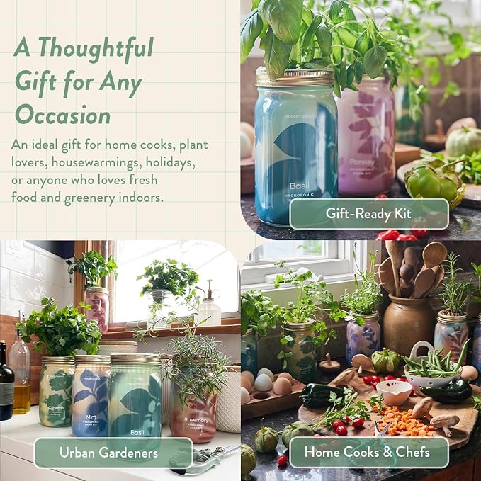 Modern Sprout Garden Jar & Herb Stripper Bundle Self-Watering Herb Grow Kit w/Recyclable Mason Jar + 3-in-1 Prep Peeler & Grater Plate - Indoor Gardening - Gift for Mother's Day (Rosemary & Parsley)