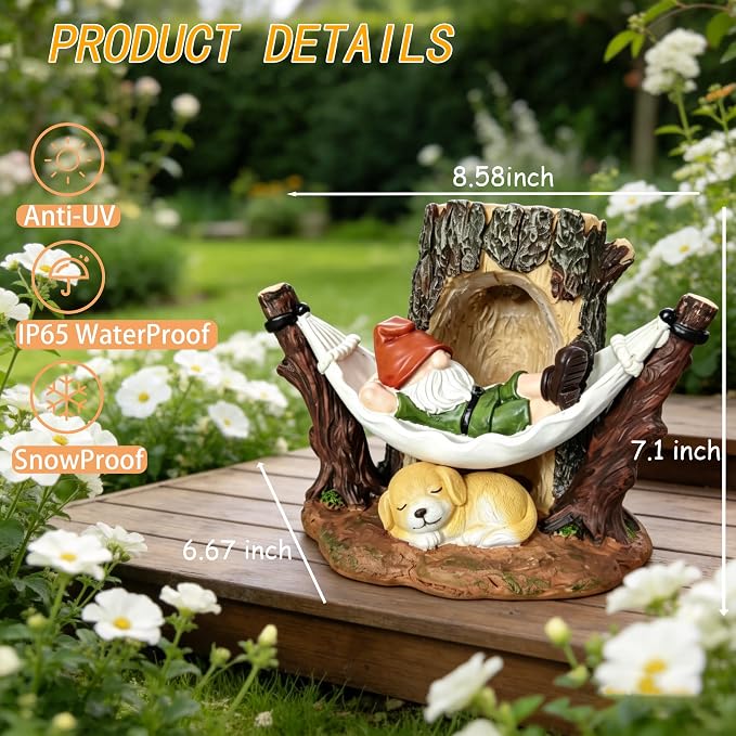 8.6" Gnome Solar Garden Decor Outdoor Statue with Light | Resin Weatherproof Yard Patio Decoration Gift Idea for Mom Dad
