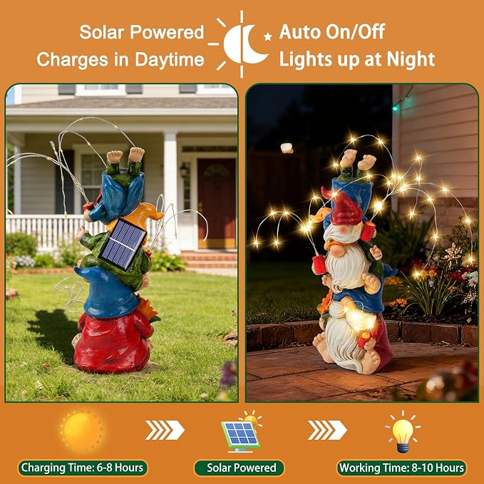 Gnomes Decorations for Yard, Triple Stacked with DIY Firework Lights, Solar Garden Gnome Outdoor Decor Statue for Patio Lawn, Mothers Day Birthday Gift for Mom Grandma (11.5in)