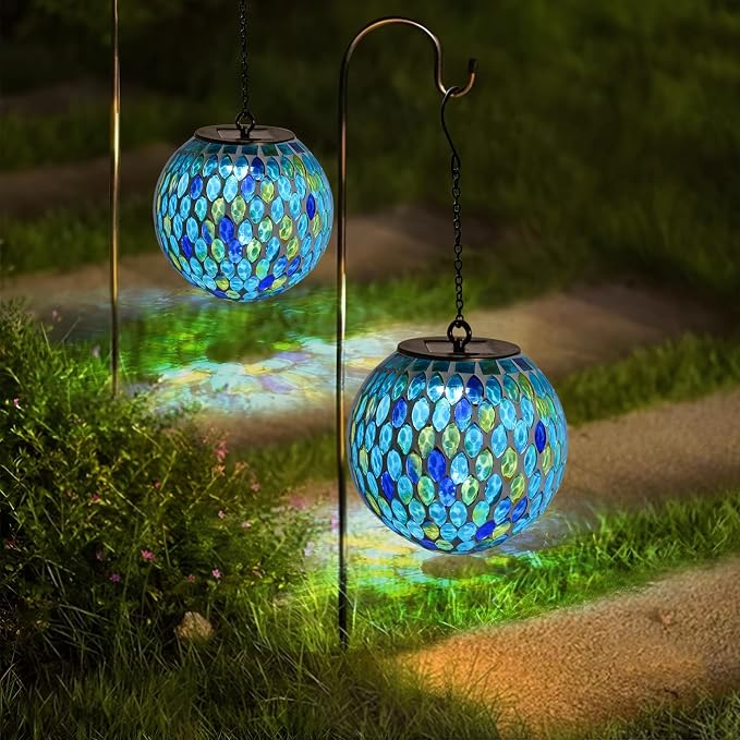 Mosaic Solar Lantern Outdoor Waterproof Glass Hanging Solar Lights, Blue | Solar Hanging Lantern IP44 Waterproof Mosaic Gazing Ball with White LED Lights, Metal Hanging Chain, Outdoor Pathway Decor