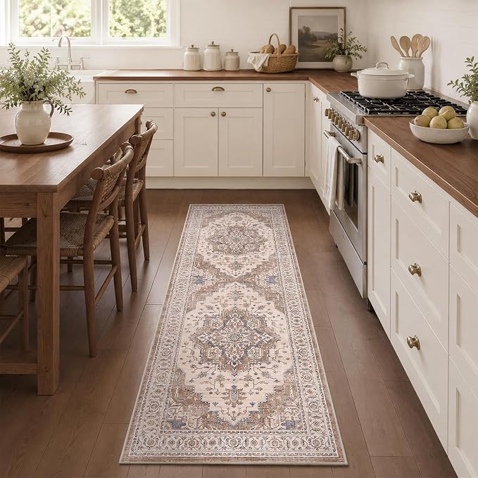 2x6 Vintage Runner Rug Low Pile Non-Slip Washable Hallway Rug | Retro Print, Non-Shedding, Soft Washable Neutral Carpet, Stain Resistant Runner, for Hallway Kitchen Bedroom Laundry Room