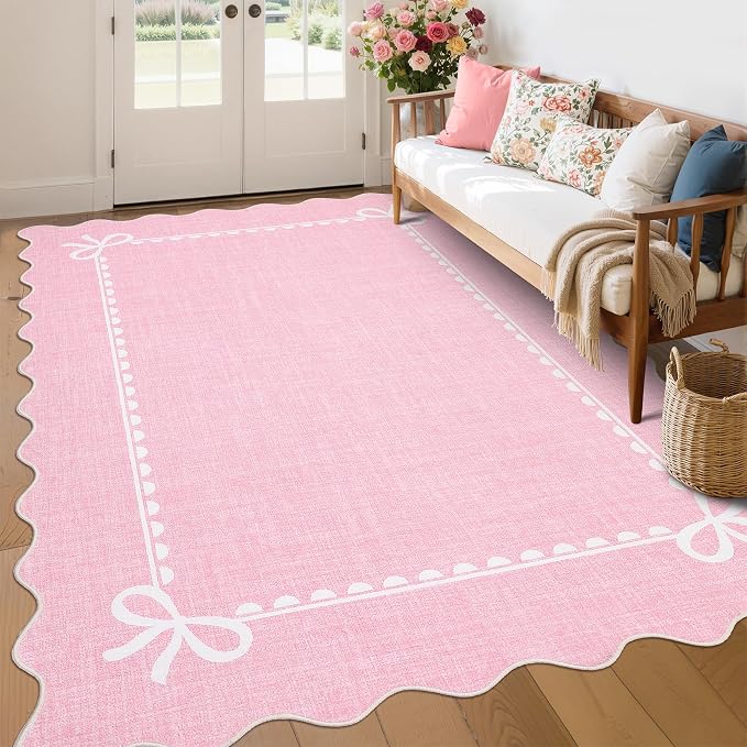 COZYLOOM Washable Kids Room Rug 8x10 Scalloped Rugs for Living Room, Pink | Rubber Backing Modern Bow Print Stain Resistant Non Shedding Low Pile Soft Bordered Area Rug for Dining Room Bedroom Nursery