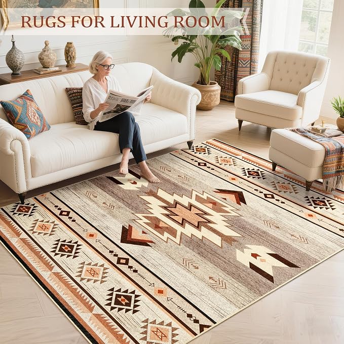 BENRON Western Area Rugs for Living Room Bedroom 5x7, Washable, Warm Beige | Non Slip Southwest aztec Rustic Rugs for Dining Table Kitchen Home Decor