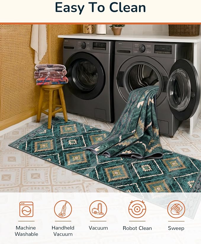 2'x10' Washable Area Rug for Living Room Runner Teal/Green | Soft Western No Slip Low Pile Print Foldable Indoor Small Rug for Kitchen entrance entryway hallway