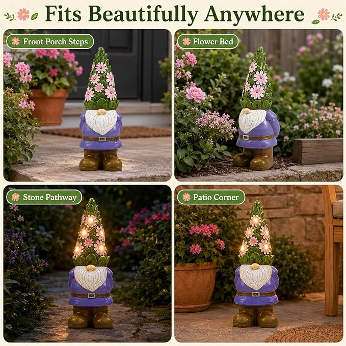 Solar Garden Gnome Statue: Outdoor Figurine with Succulent Lights | Waterproof Resin, Yard Lawn Porch Balcony Patio Home Decor, Gifts for Mom Women Grandma
